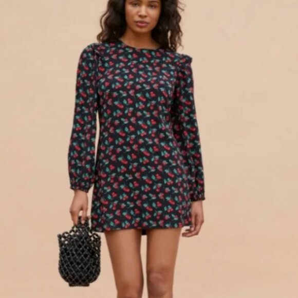 Reformation Bedford Long Sleeve Dress Cherry Print, Fruit, Retro, Vintage Sz L - Picture 2 of 12